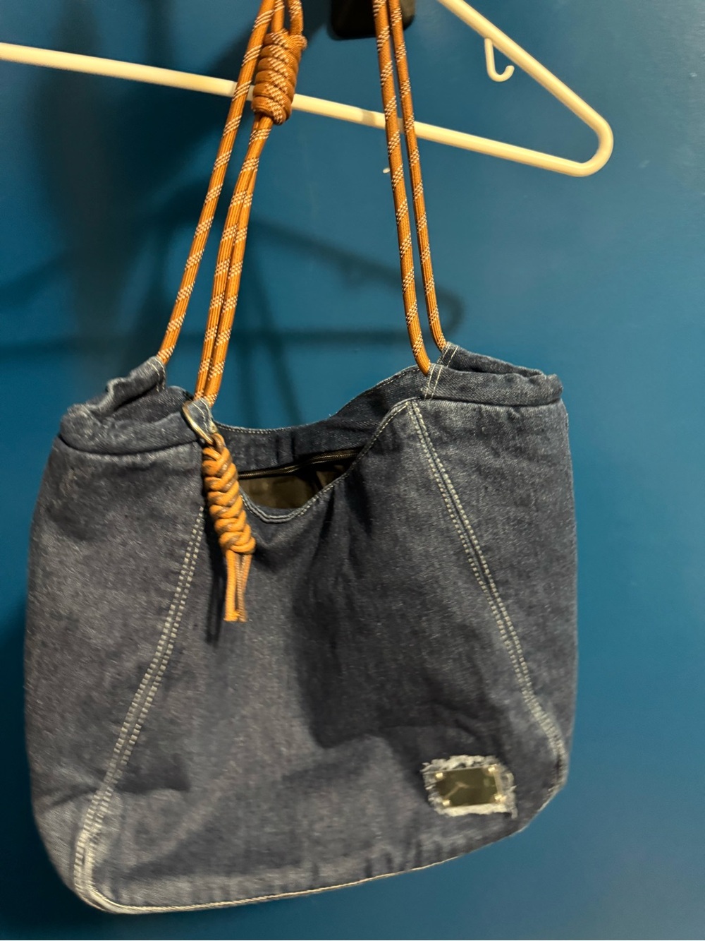 Casual Denim Shoulder Bag with Braided Rope Straps - Navy Blue